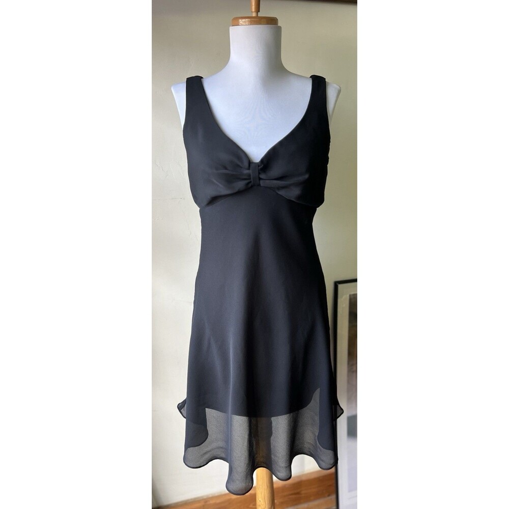 Jump Black Chiffon Sleeveless V-Neck Bow Short Sheath Dress Lined Y2K Vintage